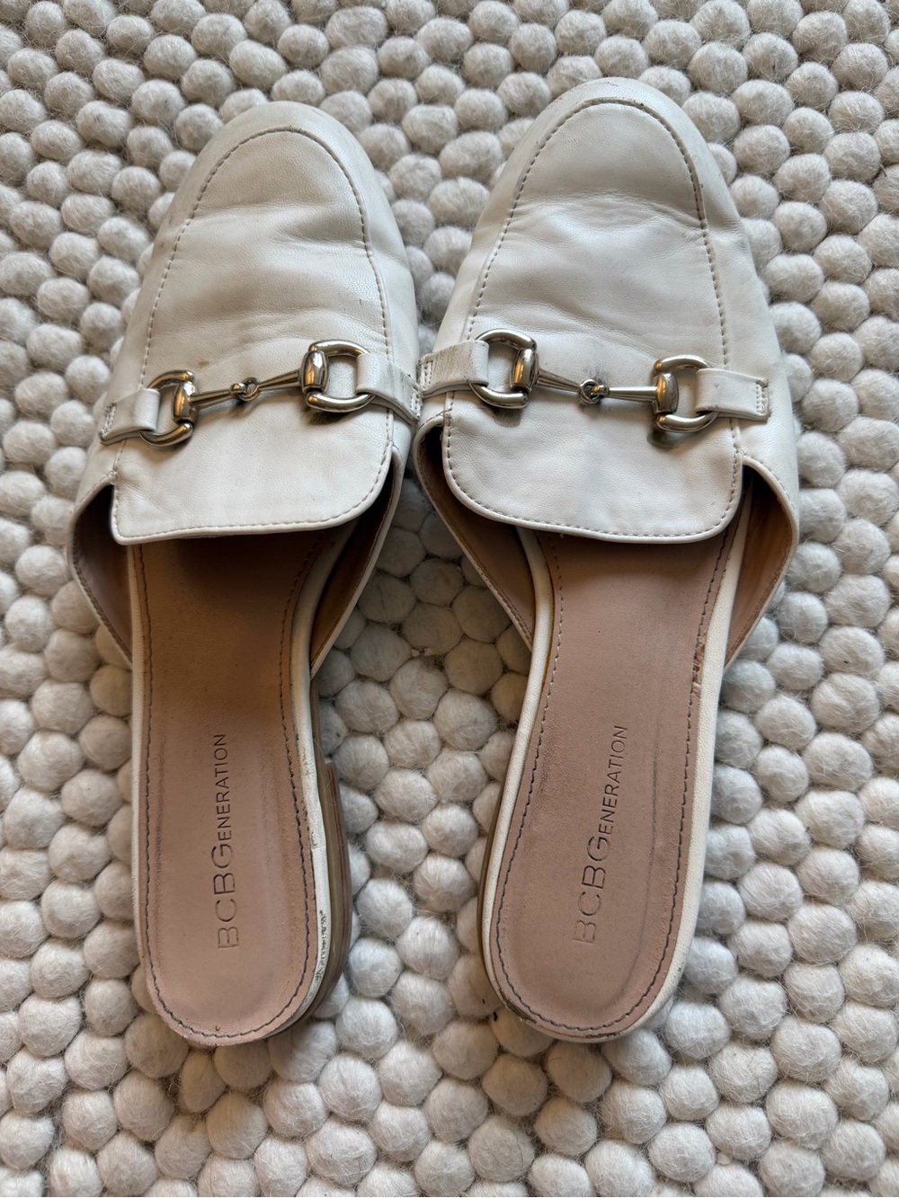 BCBGeneration Cream Leather Horsebit Backless Loafers
